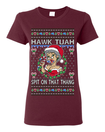 Hawk Tuah Spit On That Thang, Viral Hilarious Candy Cane Mrs Claus Funny Naughty Suck Meme, Ugly Christmas Sweater Ugly Christmas Womens Graphic T-Shirt