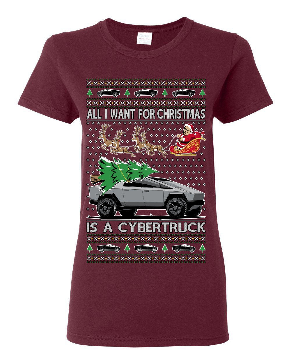 All I Want for Christmas is a Cybertruck, Funny Tech Cyber Truck Elon Musk Santa Claus Reindeer, Meme Ugly Christmas Sweater Ugly Christmas Womens Graphic T-Shirt