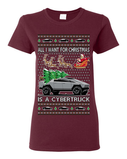 All I Want for Christmas is a Cybertruck, Funny Tech Cyber Truck Elon Musk Santa Claus Reindeer, Meme Ugly Christmas Sweater Ugly Christmas Womens Graphic T-Shirt