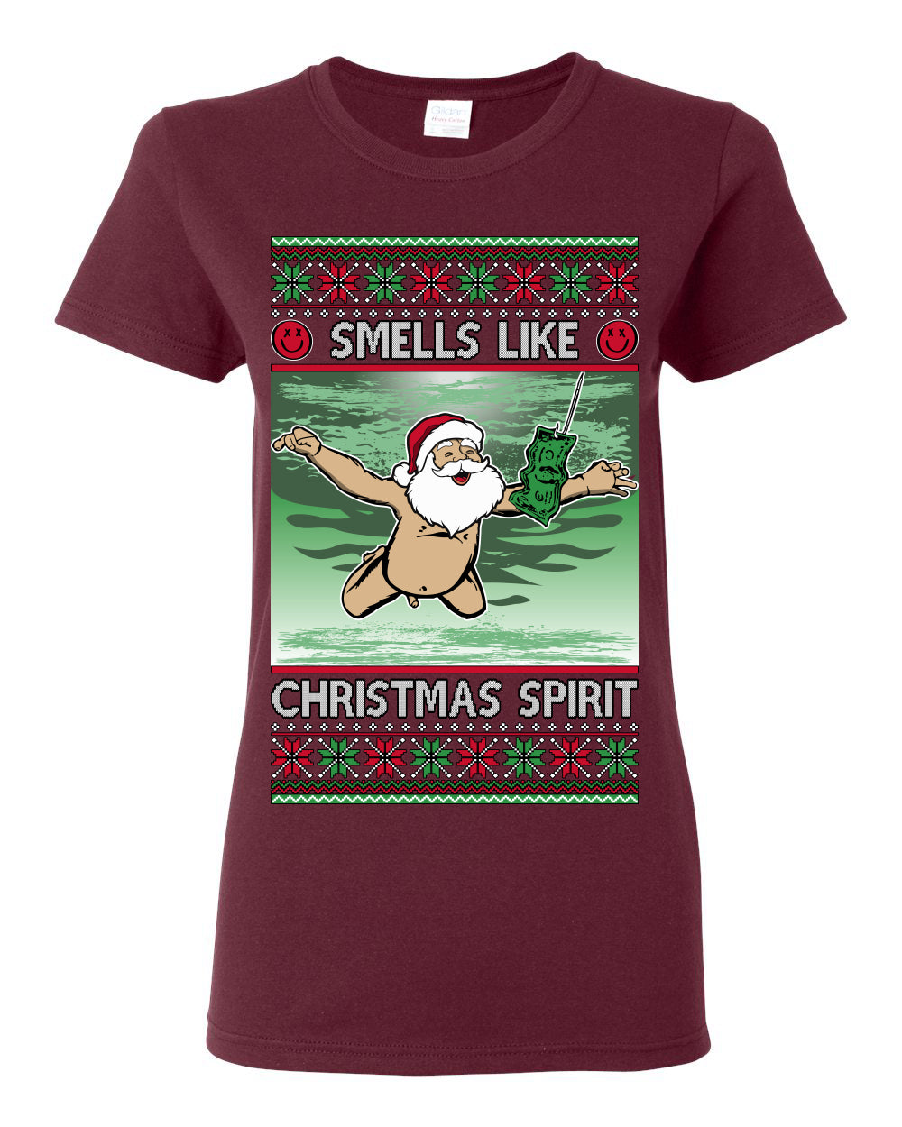 Smells Like Christmas Spirit, Funny Santa Claus Classic 90s Alternative Rock Album Cover Music Parody Ugly Christmas Sweater Ugly Christmas Womens Graphic T-Shirt
