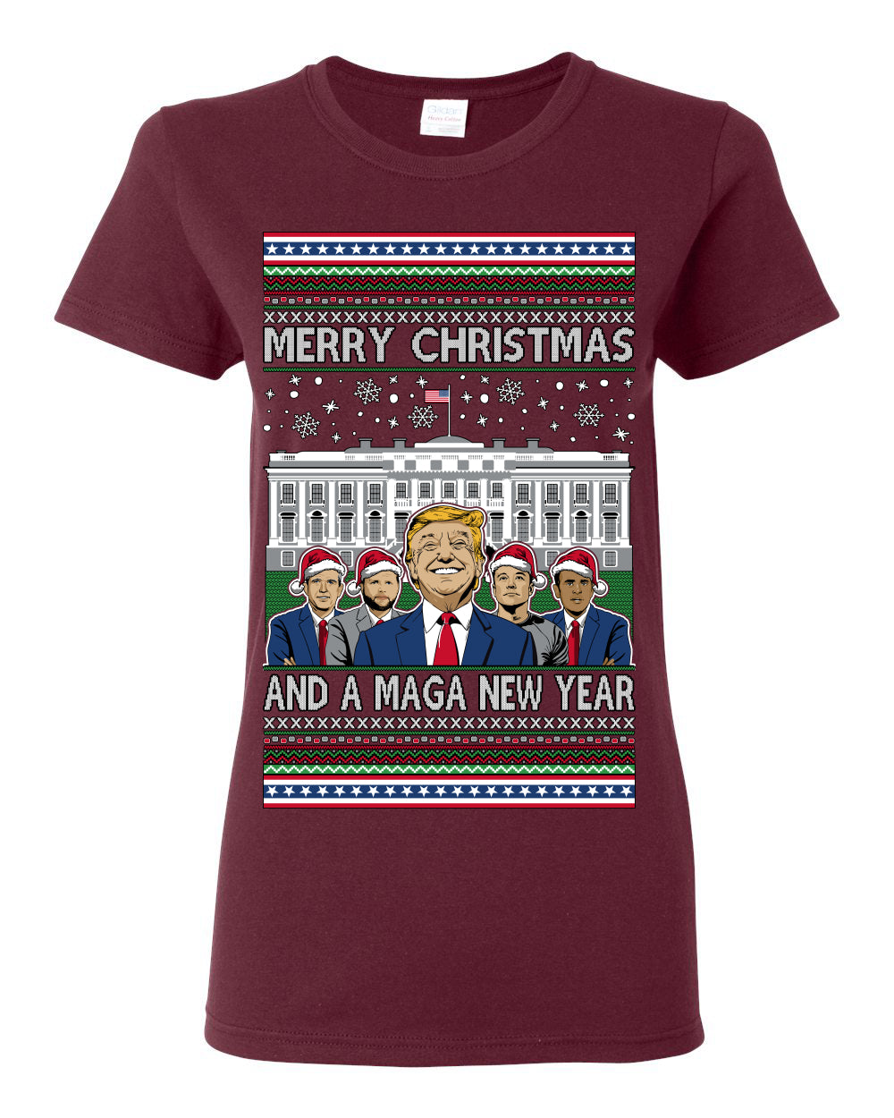 Merry Christmas and a MAGA New Year 2025, Trump Vance Administration 45 47 Make America Great Again USA Ugly Christmas Sweater Ugly Christmas Womens Graphic T-Shirt