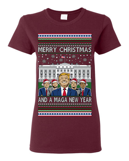 Merry Christmas and a MAGA New Year 2025, Trump Vance Administration 45 47 Make America Great Again USA Ugly Christmas Sweater Ugly Christmas Womens Graphic T-Shirt