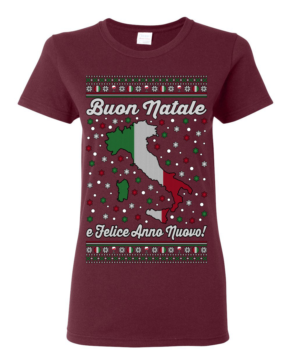 Buon Natale e Felice Anno Nuovo! Merry Christmas and Happy New Year, Funny Classic Italy Peninsula Italian Ugly Christmas Sweater Ugly Christmas Womens Graphic T-Shirt