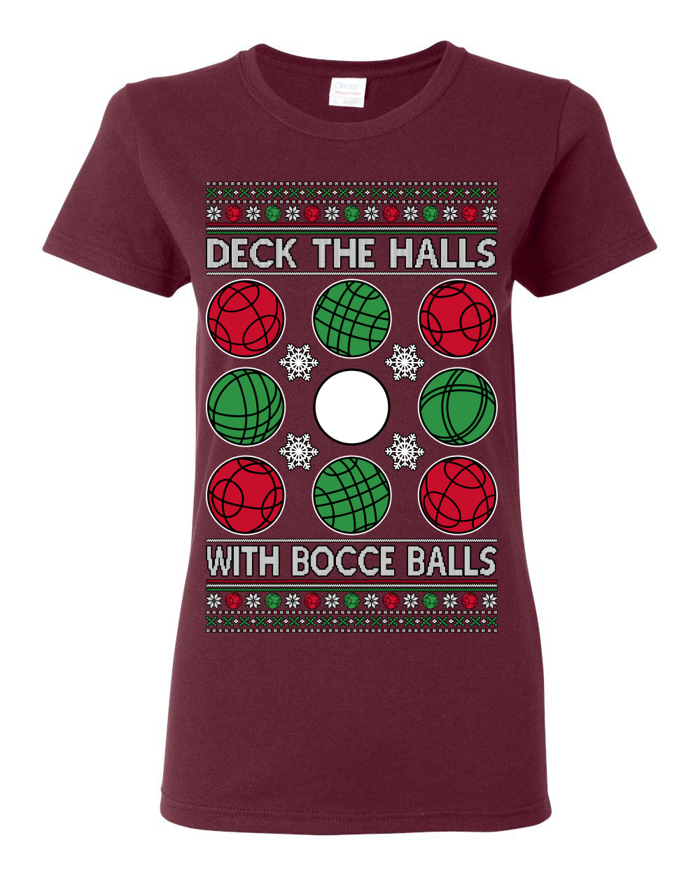 Deck the Halls with Bocce Balls, Funny Classic Italy Italian Sports Ugly Christmas Sweater Ugly Christmas Womens Graphic T-Shirt