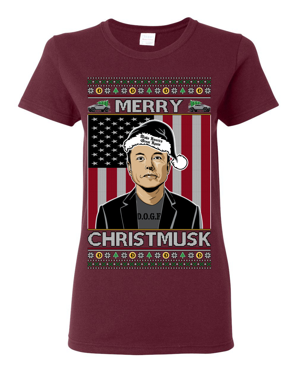Merry Christmusk Funny Dark MAGA Santa Elon Doge Meme, Crypto Dogecoin America First USA Republican Ugly Christmas Sweater Ugly Christmas Womens Graphic T-Shirt