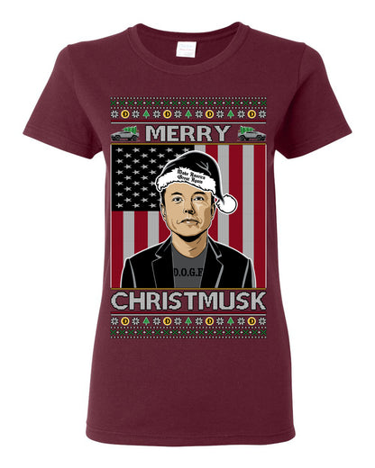 Merry Christmusk Funny Dark MAGA Santa Elon Doge Meme, Crypto Dogecoin America First USA Republican Ugly Christmas Sweater Ugly Christmas Womens Graphic T-Shirt