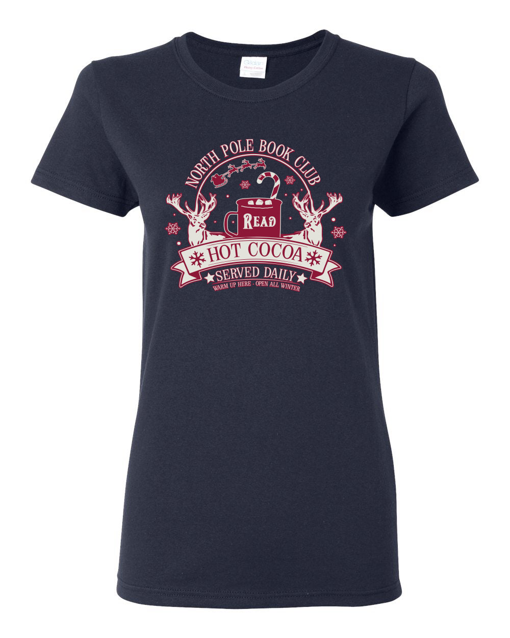 North Pole Book Club | Hot Cocoa Served Daily, Cute Funny Read Books Reading Snow Reindeer Winter Hot Chocolate Ugly Christmas Womens Graphic T-Shirt