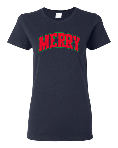 Merry | Cute Winter Holiday College Style Ugly Christmas Womens Graphic T-Shirt