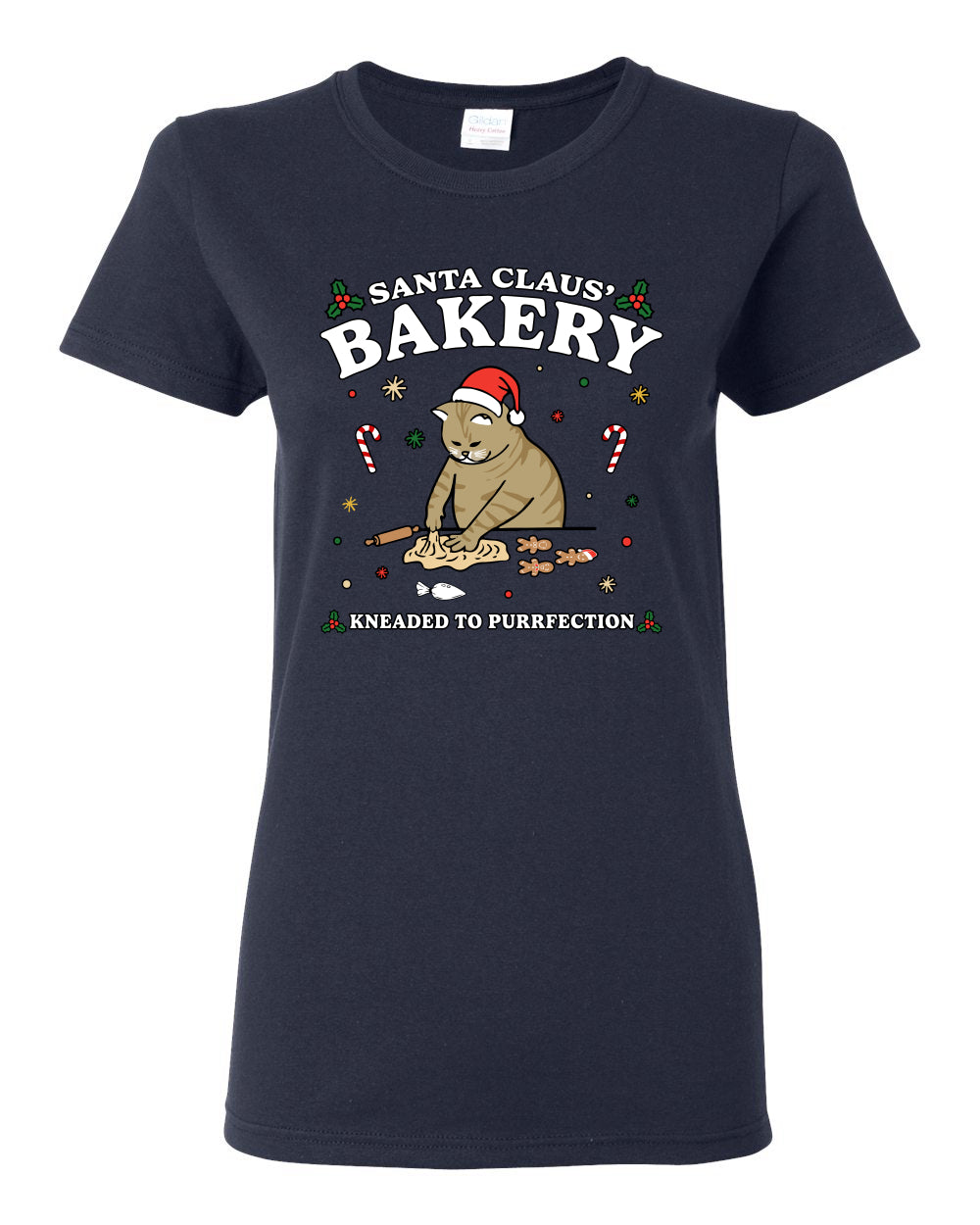Santa Claus Bakery | Bread Kneaded to Purrfection, Funny Cute Cat Chef Baker Joke Ugly Christmas Womens Graphic T-Shirt