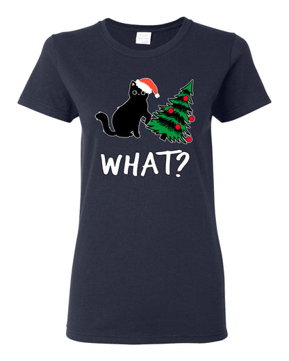 What? Funny Guilty Santa Cat Christmas Tree Mischief Pet Humor Ugly Christmas Womens Graphic T-Shirt