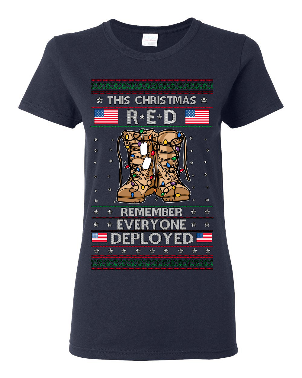 This Christmas RED Remember Everyone Deployed, Pro Military Vet 1st 2nd Amendment Veteran, RED Friday Ugly Christmas Sweater Ugly Christmas Womens Graphic T-Shirt