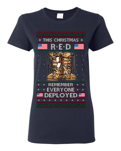 This Christmas RED Remember Everyone Deployed, Pro Military Vet 1st 2nd Amendment Veteran, RED Friday Ugly Christmas Sweater Ugly Christmas Womens Graphic T-Shirt