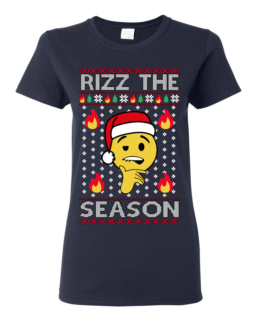 Rizz the Season, Viral Internet Fire Emoji Face Meme Romance Slang, Ugly Christmas Sweater Ugly Christmas Womens Graphic T-Shirt