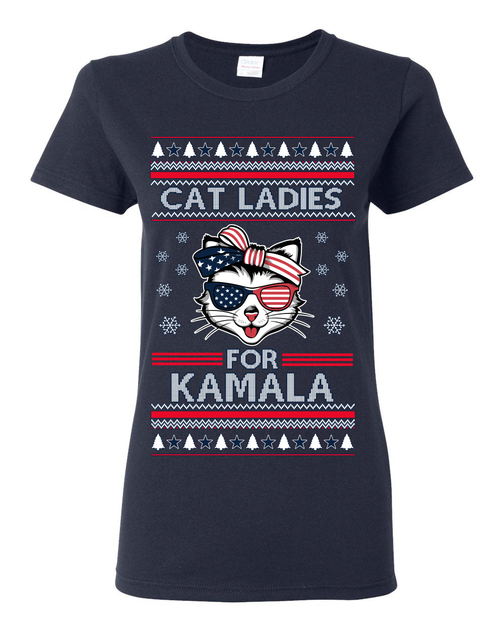 Cat Ladies for Kamala USA Glasses, Harris Tim Walz 2024 Cute USA Glasses Bow, Ugly Christmas Sweater Crewneck Sweatshirt Ugly Christmas Womens Graphic T-Shirt