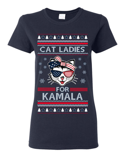 Cat Ladies for Kamala USA Glasses, Harris Tim Walz 2024 Cute USA Glasses Bow, Ugly Christmas Sweater Crewneck Sweatshirt Ugly Christmas Womens Graphic T-Shirt