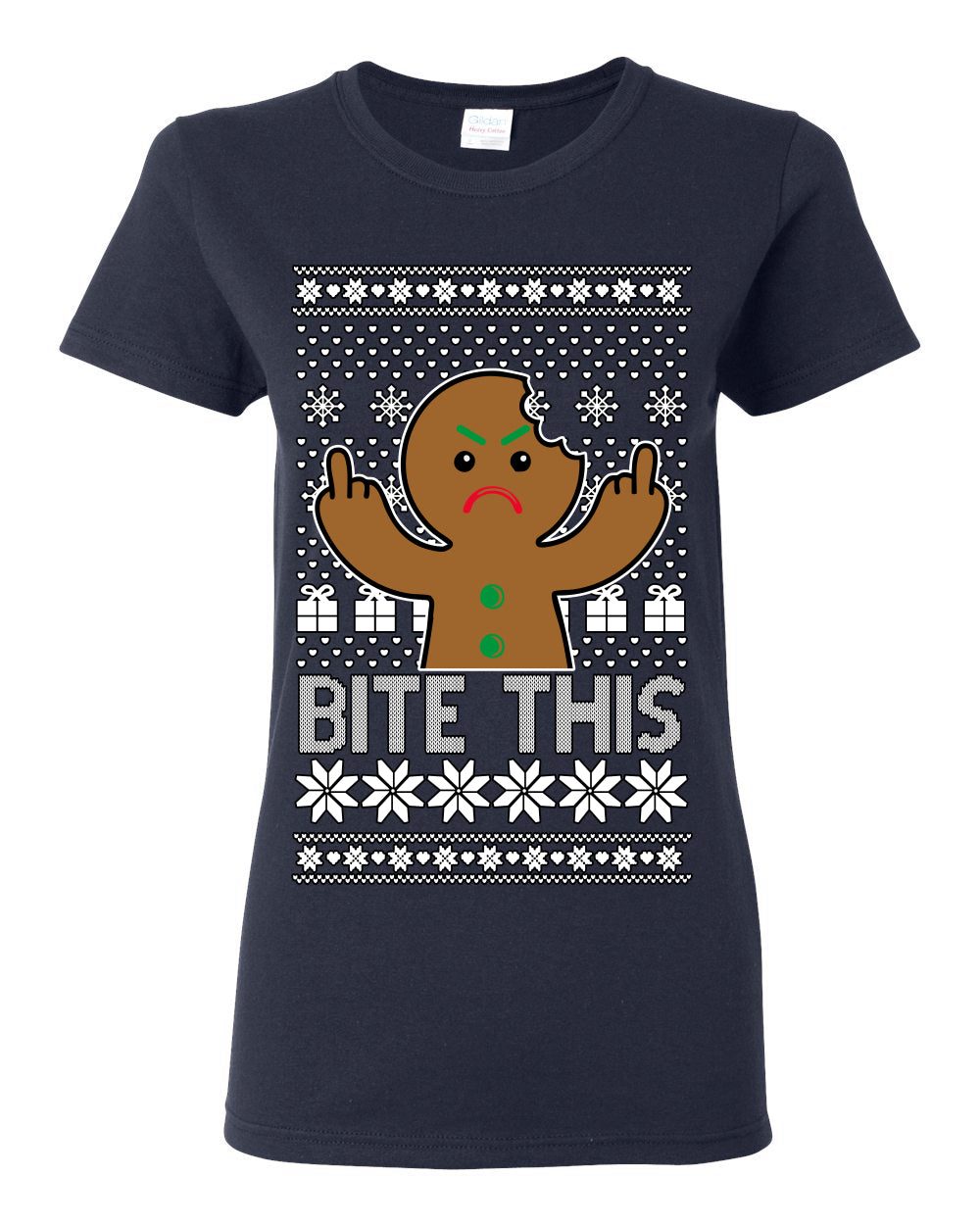 Bite This, Funny Gingerbread Cookie Offensive Inappropriate Middle Finger, F U Ginger Bread Dirty Novelty Xmas Ugly Christmas Sweater Ugly Christmas Womens Graphic T-Shirt