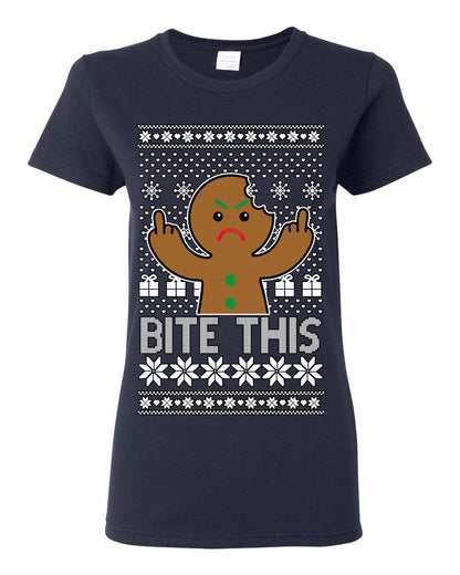 Bite This, Funny Gingerbread Cookie Offensive Inappropriate Middle Finger, F U Ginger Bread Dirty Novelty Xmas Ugly Christmas Sweater Ugly Christmas Womens Graphic T-Shirt