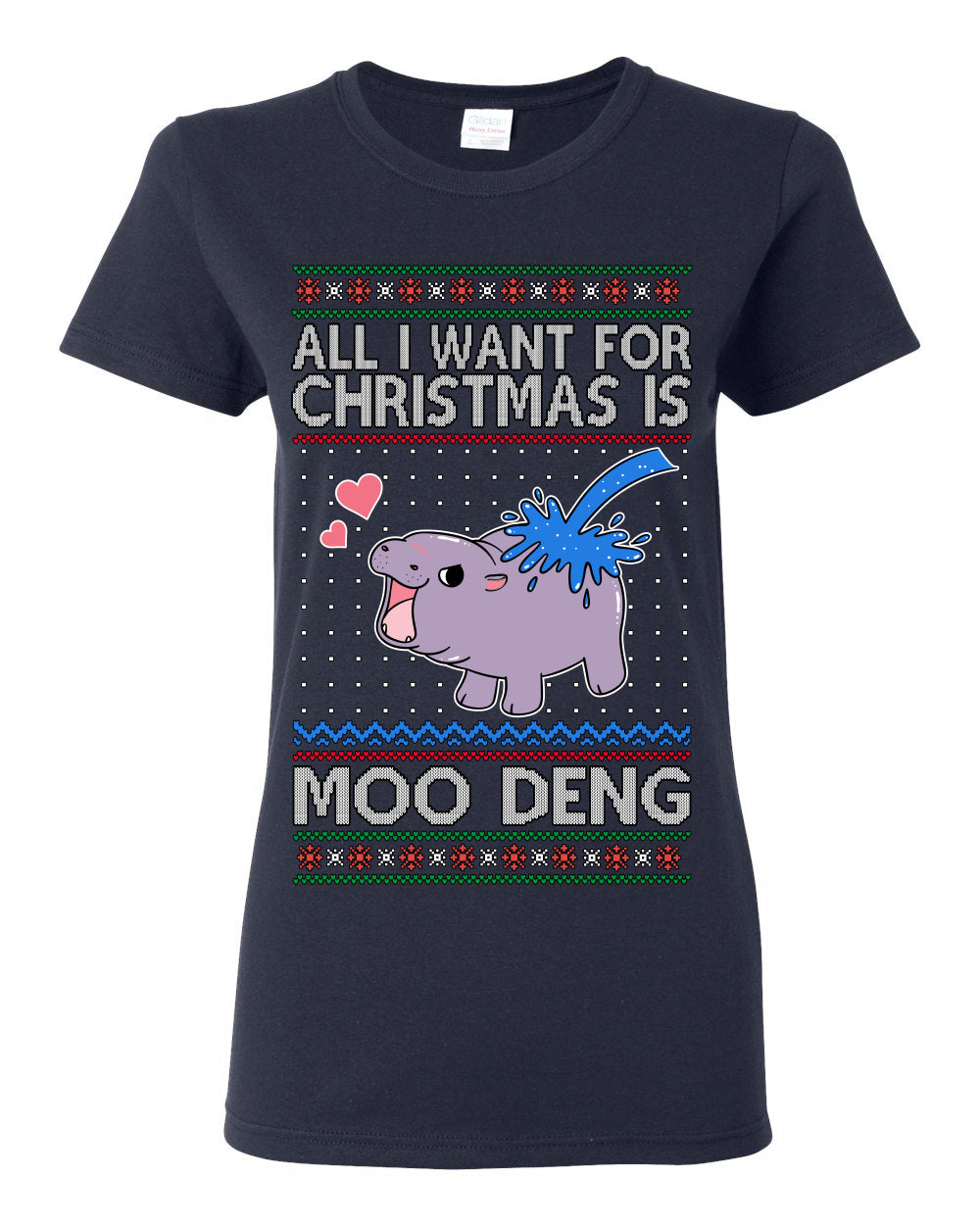 All I Want for Christmas is Moo Deng, Cute Pygmy Hippo Meme Viral Zoo Animal Y2K Era Funny Memes, Ugly Christmas Sweater Ugly Christmas Womens Graphic T-Shirt
