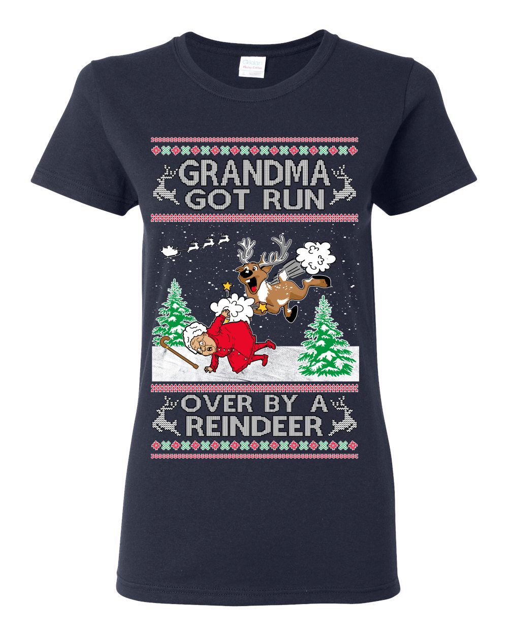 Grandma Got Run Over by a Reindeer, Funny Animated Design Rein Deer Kids TV Song Movie, Ugly Christmas Sweater Ugly Christmas Womens Graphic T-Shirt