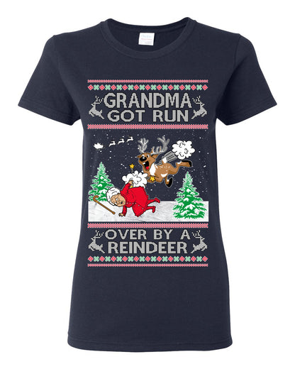 Grandma Got Run Over by a Reindeer, Funny Animated Design Rein Deer Kids TV Song Movie, Ugly Christmas Sweater Ugly Christmas Womens Graphic T-Shirt