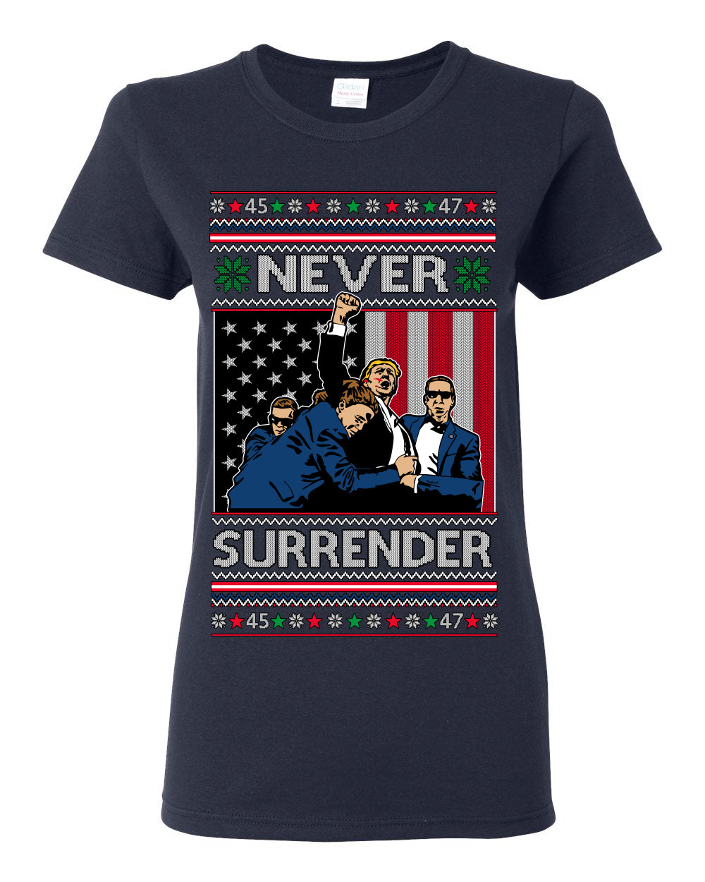 Never Surrender, Pro Donald Trump Fight Fight Fight Fist Pump 2024 Butler PA Rally Shot, Ugly Christmas Sweater Ugly Christmas Womens Graphic T-Shirt