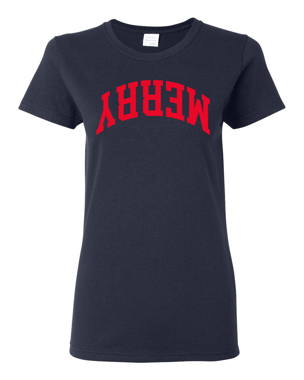 Merry Red Text, Classic College Style Trendy Upside Down Text Ugly Christmas Sweater Ugly Christmas Womens Graphic T-Shirt