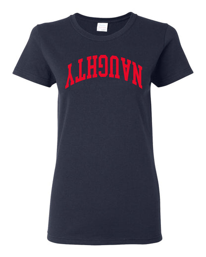 Naughty Red Text, Classic College Style Trendy Upside Down Text Ugly Christmas Sweater Ugly Christmas Womens Graphic T-Shirt