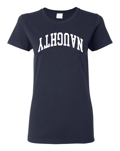 Naughty White Text, Classic College Style Trendy Upside Down Ugly Christmas Sweater Ugly Christmas Womens Graphic T-Shirt
