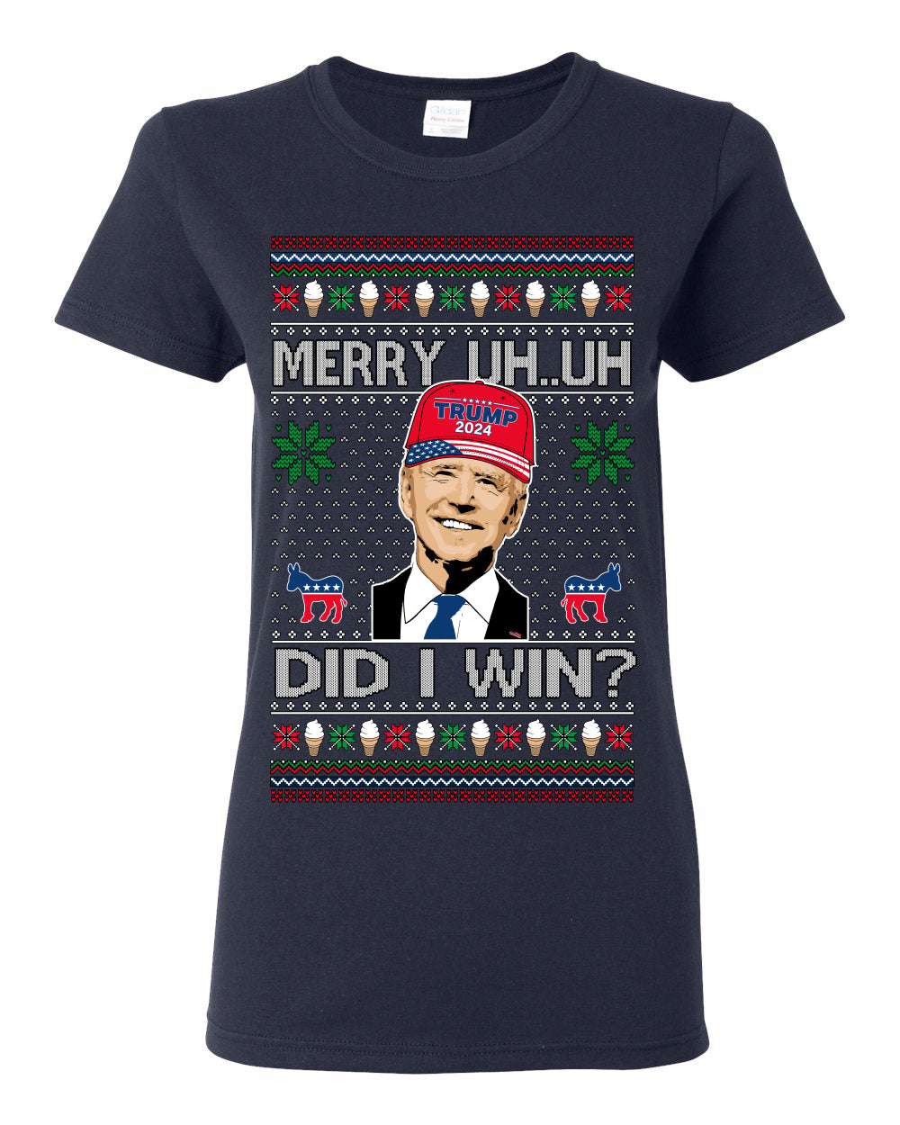 Merry Uh Did I Win? Funny Confused Joe Biden, Liberal Democrats Election 2024 Ugly Christmas Sweater Ugly Christmas Womens Graphic T-Shirt