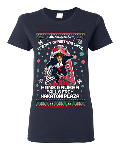It's Not Christmas Until Hans Gruber Falls From Nakatomi Plaza, Color Design Skyscraper LA Falling Iconic 80s Xmas Movie Ugly Christmas Sweater Ugly Christmas Womens Graphic T-Shirt