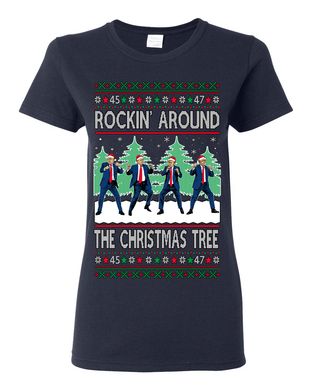 Rocking Around the Christmas Tree Trump Shimmy Dance Ugly Christmas Sweater Ugly Christmas Womens Graphic T-Shirt
