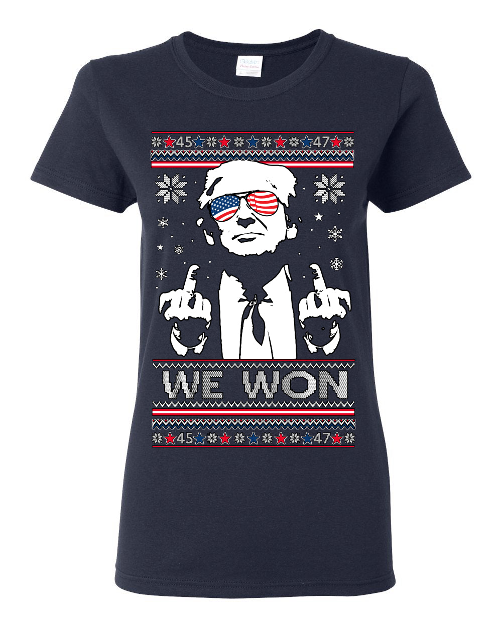 We Won Funny 45 47 President Trump Shot USA Glasses, 47th USA President of the United States, Gift for Republicans Conservatives Ugly Christmas Sweater Ugly Christmas Womens Graphic T-Shirt