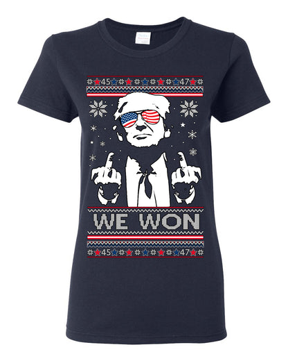 We Won Funny 45 47 President Trump Shot USA Glasses, 47th USA President of the United States, Gift for Republicans Conservatives Ugly Christmas Sweater Ugly Christmas Womens Graphic T-Shirt