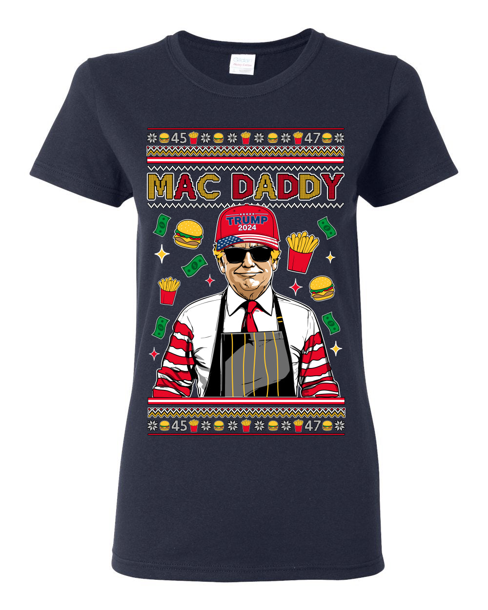 Mac Daddy Funny Viral Trump Meme, PA Fast Food Worker Chef Fries Burgers, 2024 MAGA Make America Great Again Ugly Christmas Sweater Ugly Christmas Womens Graphic T-Shirt