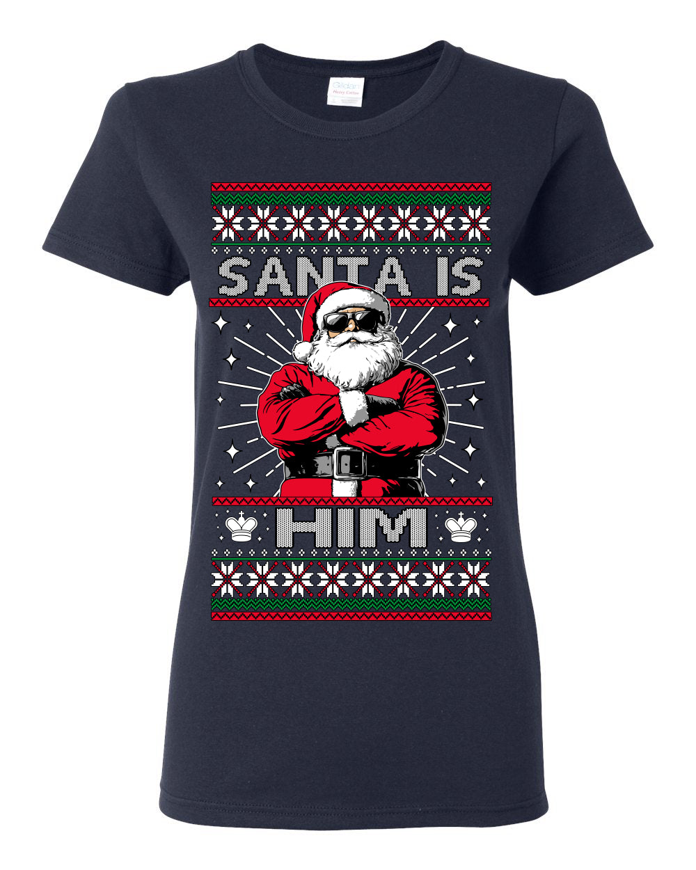 Santa Is Him Funny Gen Z Viral Meme Shades, Religious Christ Christian Christianity Brain Rot Joke Slang Ugly Christmas Sweater Ugly Christmas Womens Graphic T-Shirt