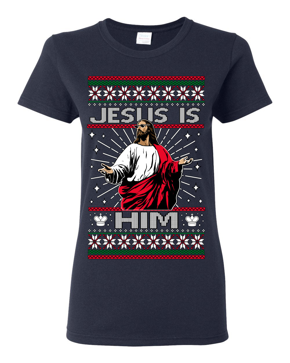 Jesus Is Him Funny Gen Z Viral Meme Shades, Religious Christ Christian Christianity Brain Rot Joke Slang Ugly Christmas Sweater Ugly Christmas Womens Graphic T-Shirt