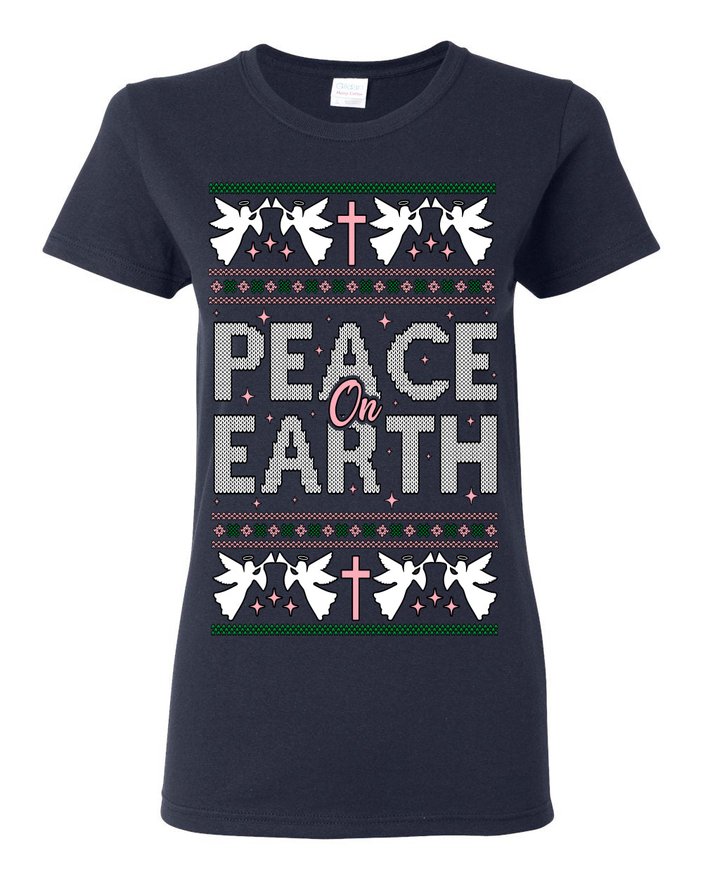 Peace On Earth Funny Xmas Cute Pink Angel Cross, Women Men Religious Christian Catholic Ugly Christmas Sweater Ugly Christmas Womens Graphic T-Shirt
