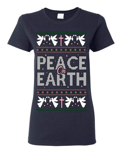 Peace On Earth Funny Xmas Cute Pink Angel Cross, Women Men Religious Christian Catholic Ugly Christmas Sweater Ugly Christmas Womens Graphic T-Shirt