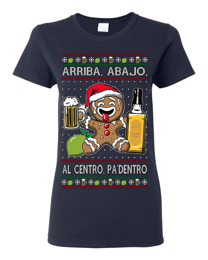 Arriba Abajo Al Centro Pa'Dentro Cheers to Health, Drinking Beer Cerveza Funny Gingerbread Xmas Cookie Ropa en Espanol Salud Ugly Christmas Sweater Ugly Christmas Womens Graphic T-Shirt
