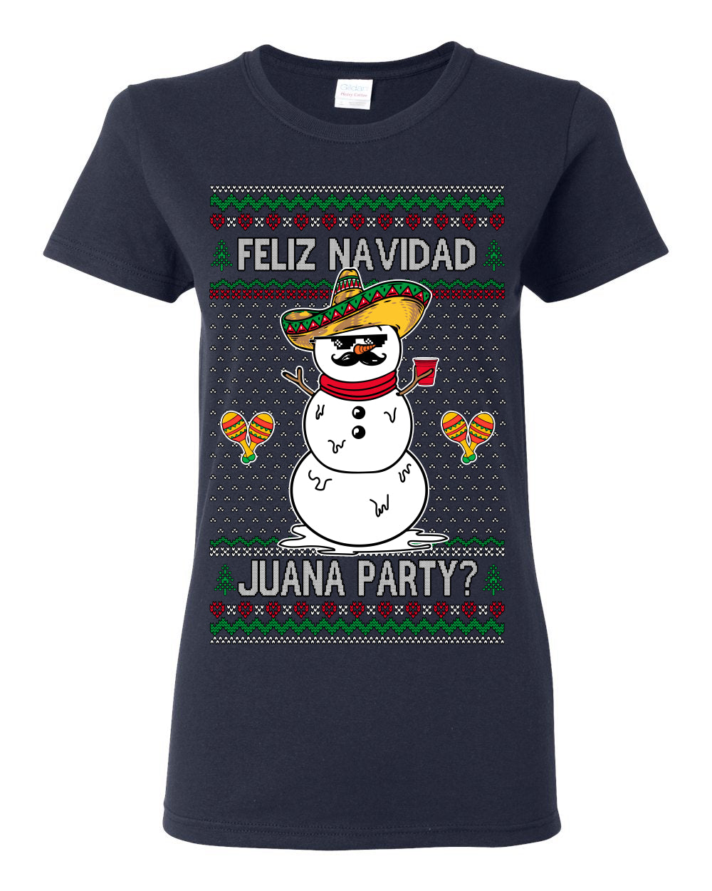 Feliz Navidad Juana Party? Funny Spanish Drinking Sueter Cerveza Ropa en Espanol Ugly Christmas Sweater Ugly Christmas Womens Graphic T-Shirt