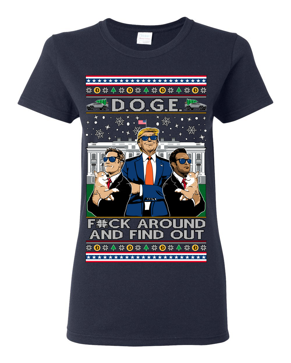 Doge F Around and Find Out Donald Trump Elon Vivek, Department of Govenmental Efficiency D.O.G.E. Republicans MAGA Ugly Christmas Sweater Ugly Christmas Womens Graphic T-Shirt