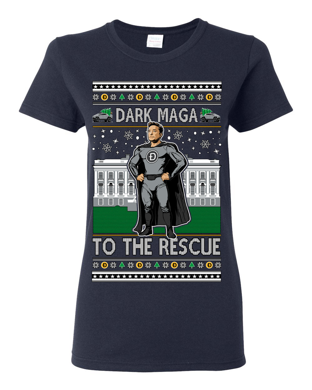 Dark MAGA to the Rescue, Elon Superhero Doge Crypto Dogecoin Make America Great Again Trump 2024 Ugly Christmas Sweater Ugly Christmas Womens Graphic T-Shirt