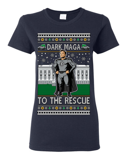 Dark MAGA to the Rescue, Elon Superhero Doge Crypto Dogecoin Make America Great Again Trump 2024 Ugly Christmas Sweater Ugly Christmas Womens Graphic T-Shirt