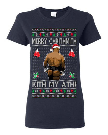 Merry Chrithmith Kith My Ath, Mike Tyson Butt Viral Kiss My Ass Boxing Fight Meme, Men Women Funny Ugly Christmas Sweater Ugly Christmas Womens Graphic T-Shirt