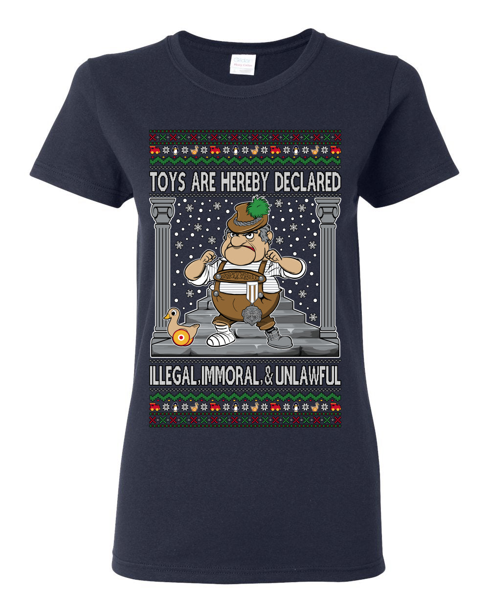 Toys Are Hereby Declared Illegal Immoral  Unlawful, Funny Classic 1970 Xmas Movie Quote Character Santa Claus Comin to Town, Ugly Christmas Sweater Ugly Christmas Womens Graphic T-Shirt