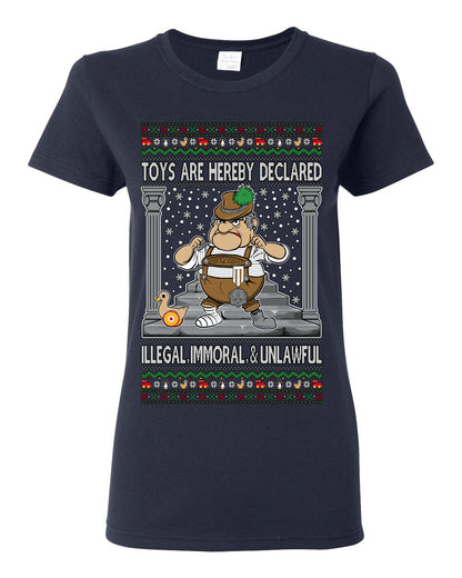 Toys Are Hereby Declared Illegal Immoral  Unlawful, Funny Classic 1970 Xmas Movie Quote Character Santa Claus Comin to Town, Ugly Christmas Sweater Ugly Christmas Womens Graphic T-Shirt