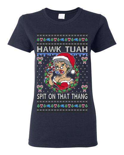 Hawk Tuah Spit On That Thang, Viral Hilarious Candy Cane Mrs Claus Funny Naughty Suck Meme, Ugly Christmas Sweater Ugly Christmas Womens Graphic T-Shirt
