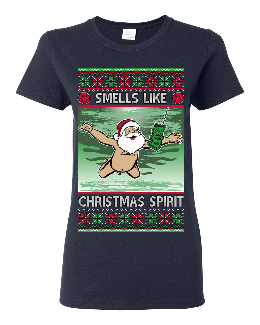 Smells Like Christmas Spirit, Funny Santa Claus Classic 90s Alternative Rock Album Cover Music Parody Ugly Christmas Sweater Ugly Christmas Womens Graphic T-Shirt