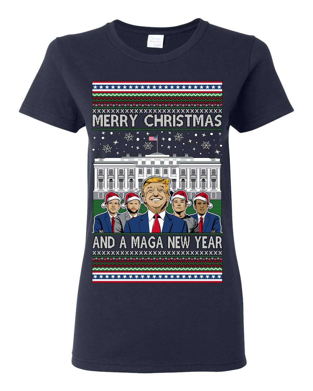 Merry Christmas and a MAGA New Year 2025, Trump Vance Administration 45 47 Make America Great Again USA Ugly Christmas Sweater Ugly Christmas Womens Graphic T-Shirt