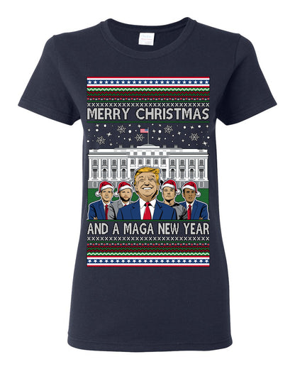 Merry Christmas and a MAGA New Year 2025, Trump Vance Administration 45 47 Make America Great Again USA Ugly Christmas Sweater Ugly Christmas Womens Graphic T-Shirt